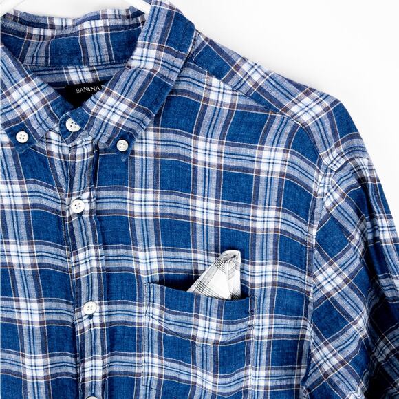 Banana Republic Linen Shirt Men's Medium Shirt Long Sleeve Plaid Blue White - Picture 4 of 10